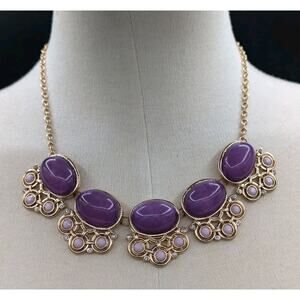 Vintage NY Purple Cabochon Gold Tone Necklace Statement Prom